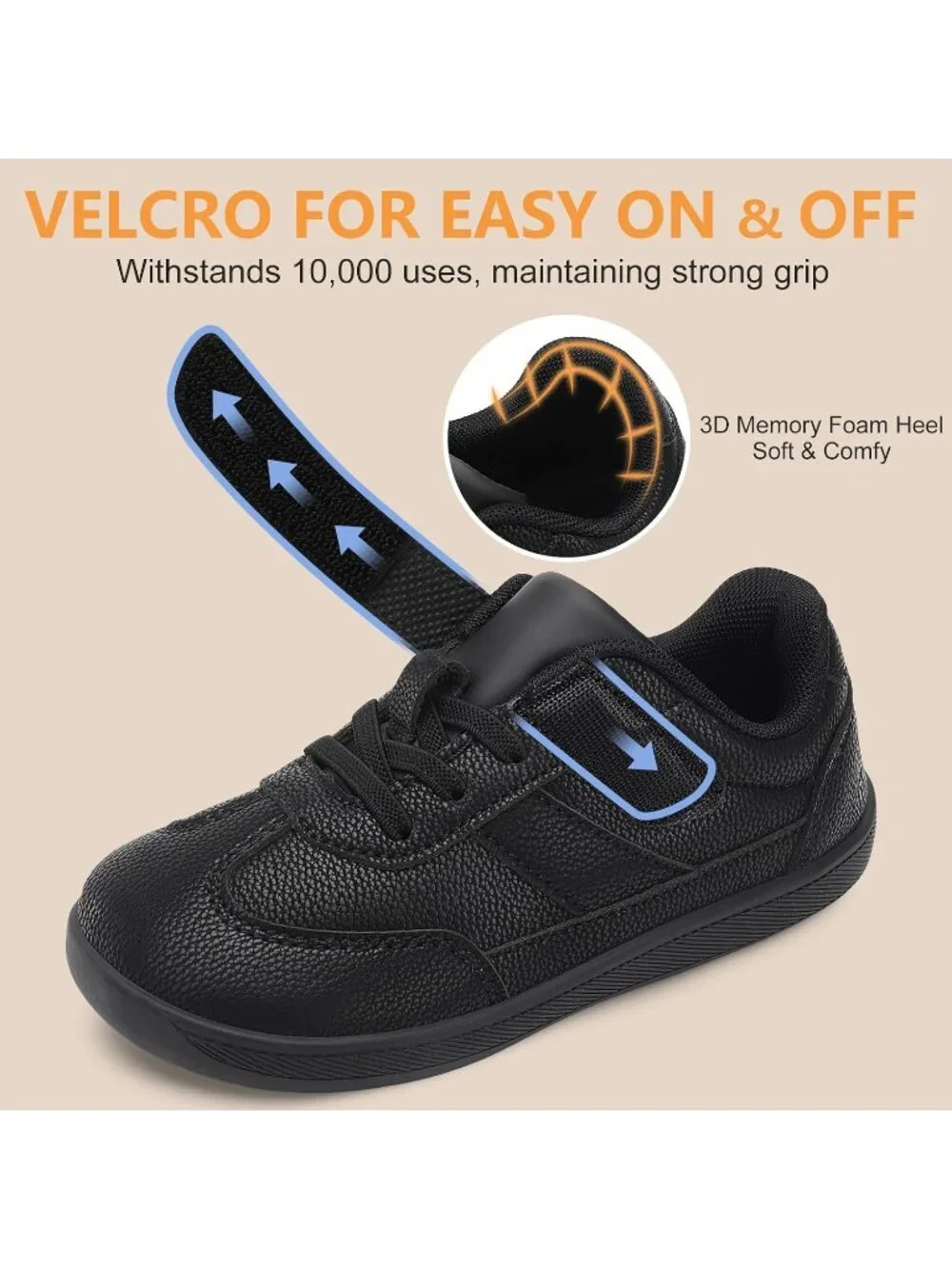 Toddler Black Faux Leather Boys Girls Wide Toe Zero Drop Barefoot Shoes Sneakers